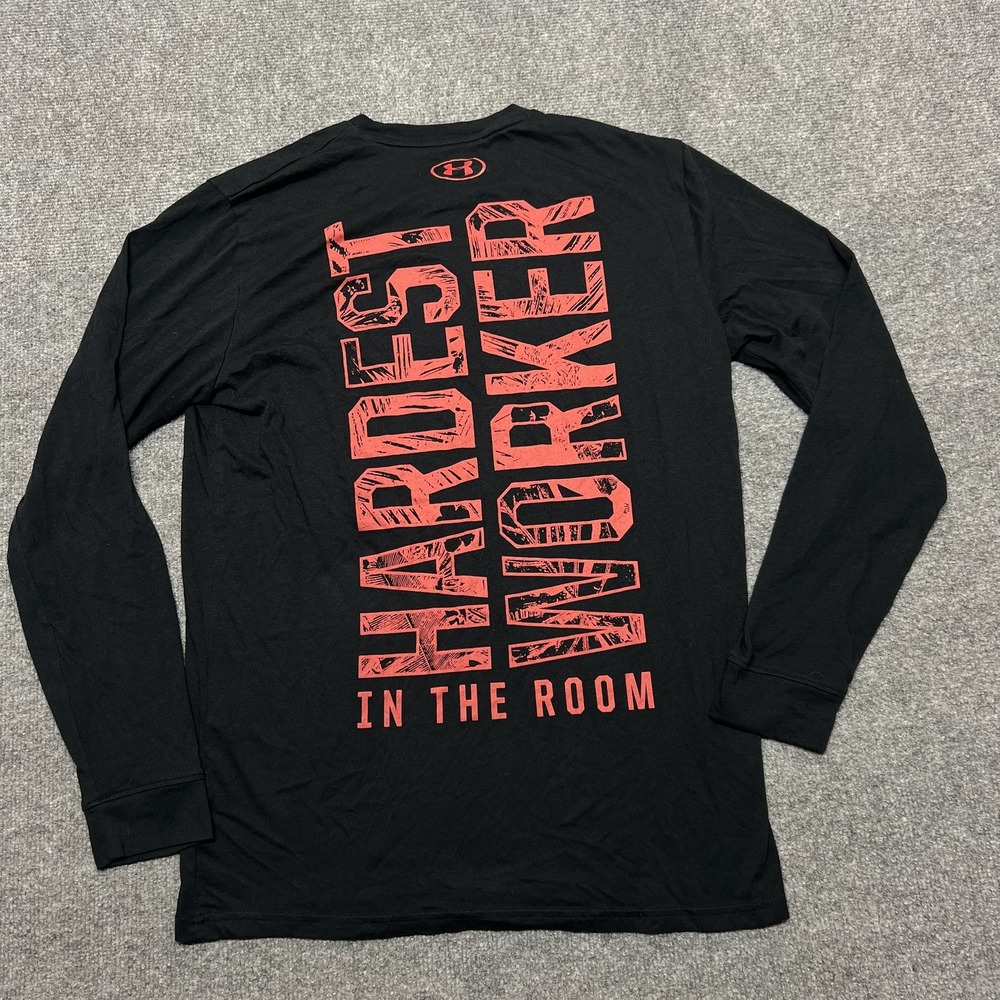 Under Armour Project Rock Shirt Mens Medium Black Long Sleeve Hardest Worker Top